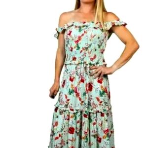 Anthropology Abel The Label Green Floral Maxi Off Shoulder Dress